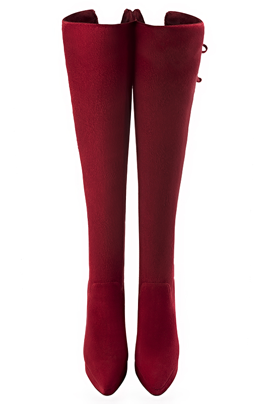 Burgundy red women's leather thigh-high boots. Tapered toe. Very high slim heel with a platform at the front. Made to measure. Top view - Florence KOOIJMAN